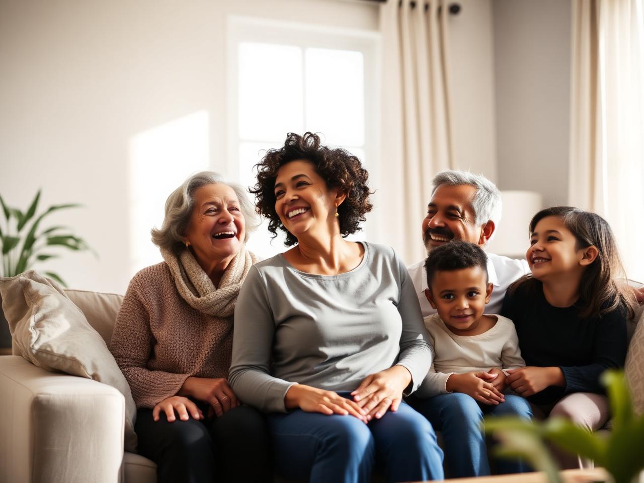 Familia de tres generaciones conversando en la sala