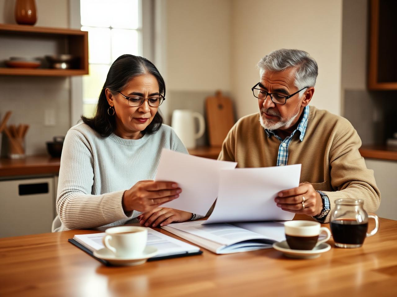 Pareja revisando documentos en la mesa de su cocina
